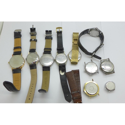 1111 - A Rolex wristwatch strap with stainless steel buckle, strap a/f, nine vintage watches, two a/f and a... 