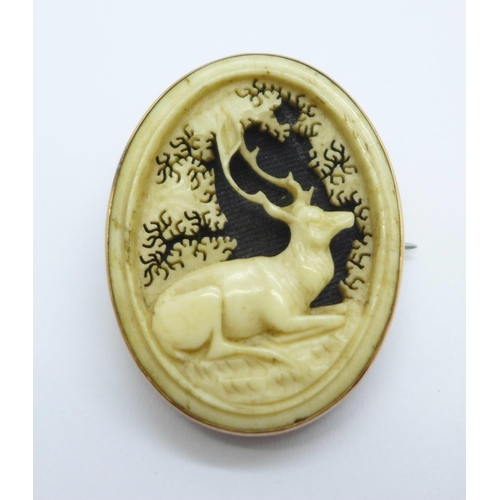 1125 - A Victorian 9ct gold memorial brooch with carved stag decoration, width 27mm