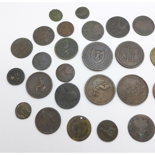 1147 - A collection of copper coins and tokens, Roman, Georgian and Victorian, including an 1812 J.M. Fello... 