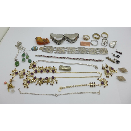 1153 - Silver bracelets, silver earrings, a small 9ct gold Spitfire pin, rings, a pair of cufflinks, etc.