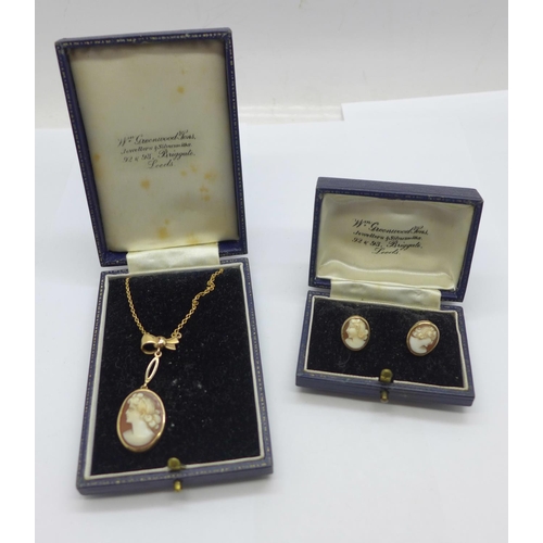 1155 - A pair of 9ct gold cameo earrings and a 9ct gold mounted cameo necklace, total weight 8.2g