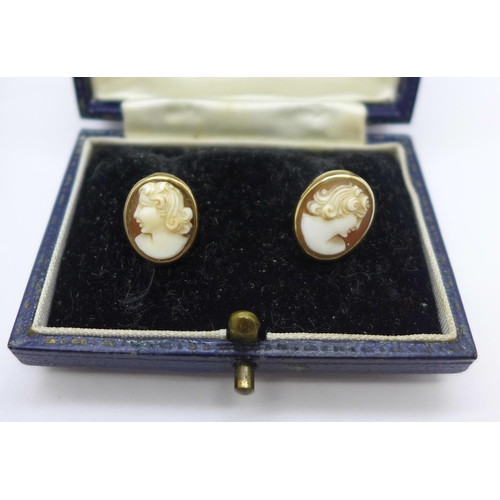 1155 - A pair of 9ct gold cameo earrings and a 9ct gold mounted cameo necklace, total weight 8.2g