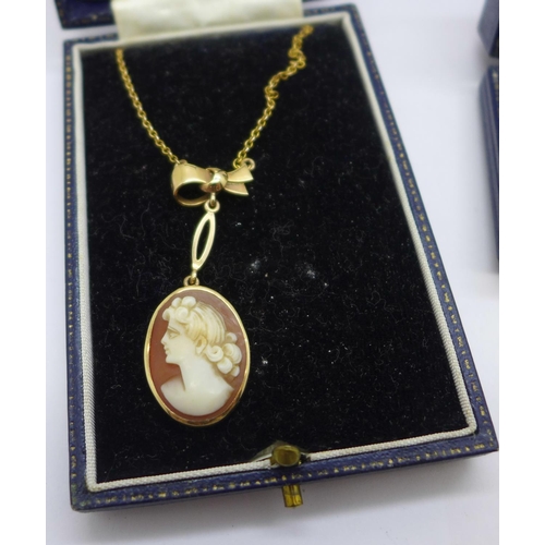 1155 - A pair of 9ct gold cameo earrings and a 9ct gold mounted cameo necklace, total weight 8.2g