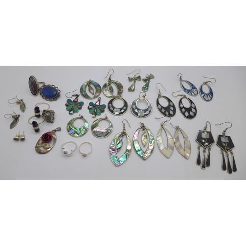 1156 - Eleven pairs of earrings, some set with abalone and mother of pearl, a silver rose pendant, hardston... 