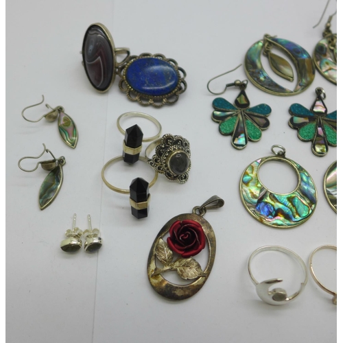 1156 - Eleven pairs of earrings, some set with abalone and mother of pearl, a silver rose pendant, hardston... 