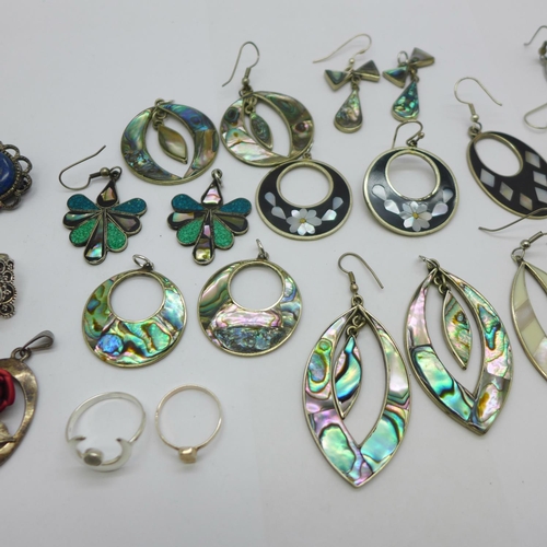 1156 - Eleven pairs of earrings, some set with abalone and mother of pearl, a silver rose pendant, hardston... 