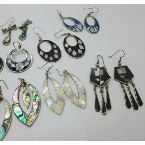 1156 - Eleven pairs of earrings, some set with abalone and mother of pearl, a silver rose pendant, hardston... 