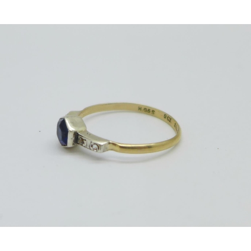 1164 - A 9ct gold, silver set blue and white stone ring, O