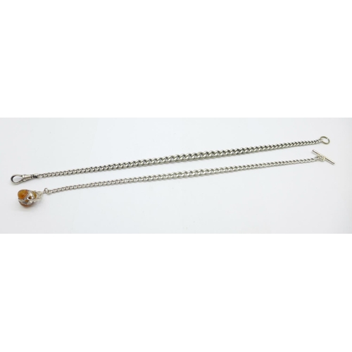 1173 - A silver Albert chain, lacking T-bar, 27cm, and one other silver chain with swivel fob, 25cm, each w... 