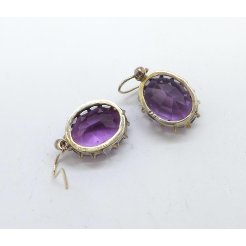 1175 - A pair of silver gilt and amethyst drop earrings with 9ct gold wire hooks