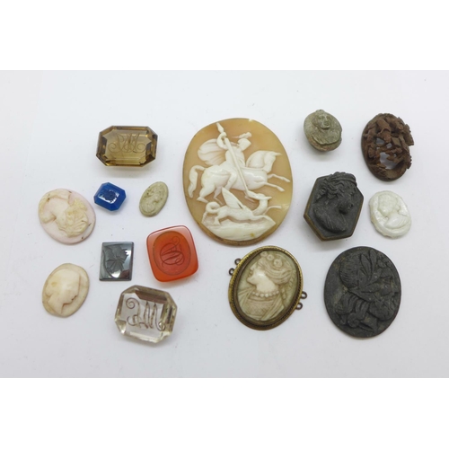 1183 - Twelve assorted cameos and intaglios, two cameo buttons and one other carved item