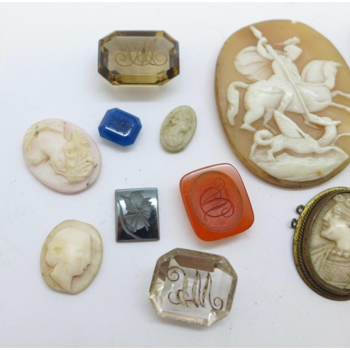 1183 - Twelve assorted cameos and intaglios, two cameo buttons and one other carved item