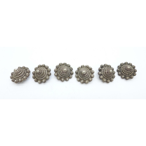 1186 - A set of six filigree buttons, (test as silver), 39g, diameter 23/24mm