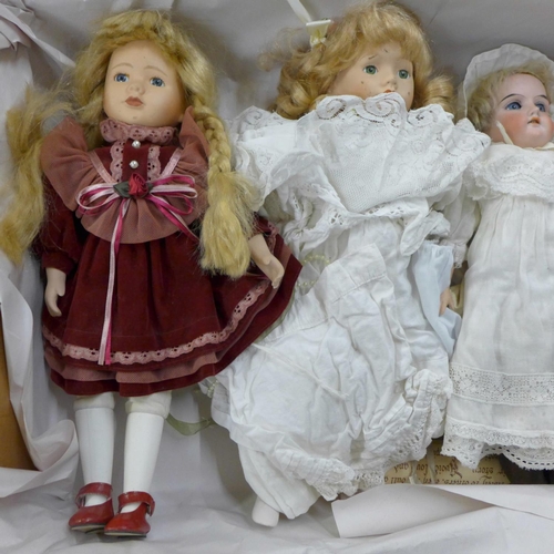 1191 - An early 20th Century German doll, 370 AM 3/0 DEP impressed mark and four other modern dolls and one... 