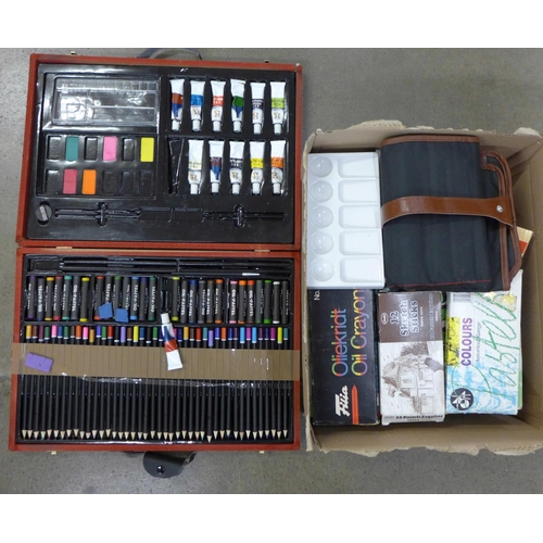 1216 - A collection of artist's materials including coloured pencils, oil pastels, instruction books, etc. ... 