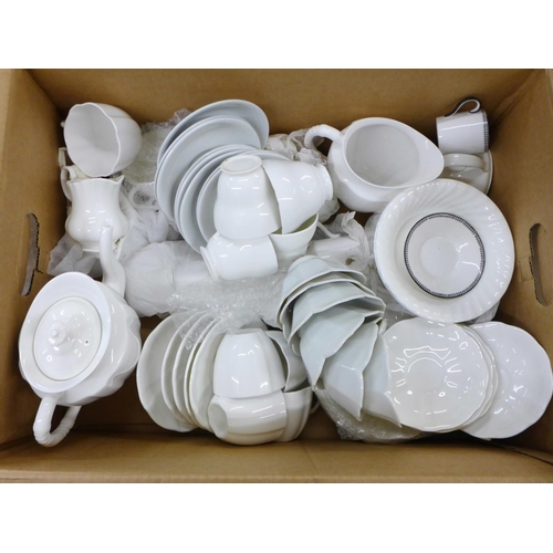 1232 - A box of white china including cups, jugs etc., and a Royal Albert coffee can and saucer **PLEASE NO... 