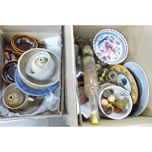 1233 - A pair of brass candlesticks, French ceramics, studio pottery bowls, etc. **PLEASE NOTE THIS LOT IS ... 