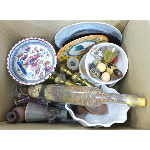 1233 - A pair of brass candlesticks, French ceramics, studio pottery bowls, etc. **PLEASE NOTE THIS LOT IS ... 