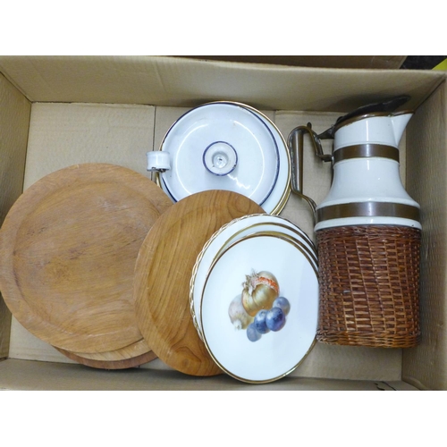 1235 - An enamel bowl, a set of cake tins, chamber stick, a box of EPNS, plates, a coffee pot and wooden st... 