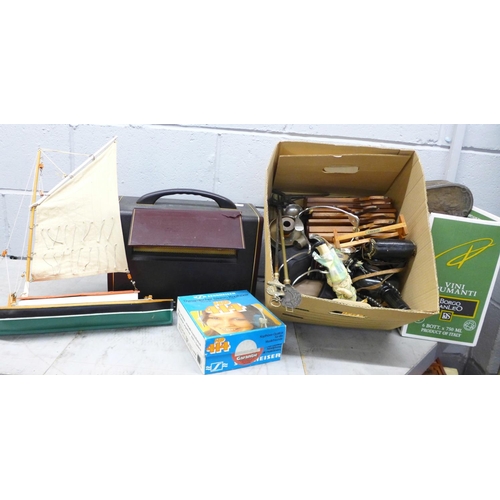 1236 - A pond yacht, Sennheiser headphones, boxed, camera, Bakelite hair dryer, radio, a/f, etc. **PLEASE N... 