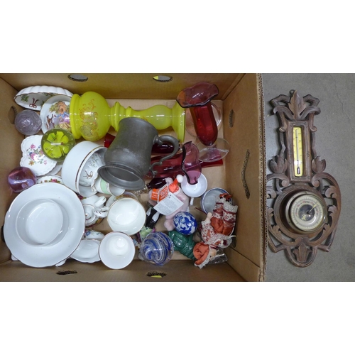 1238 - A box of china, glass, a pewter mug, barometer, paperweights, etc. **PLEASE NOTE THIS LOT IS NOT ELI... 