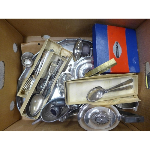 1254 - A box of community plate cutlery, other plated cutlery, tray, tea service, etc. **PLEASE NOTE THIS L... 