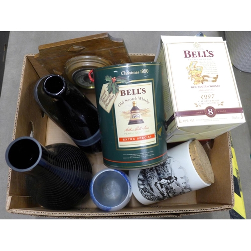 1260 - Four Bell's Whisky decanters, lacking contents, three glass vases, a storage jar and barometer **PLE... 