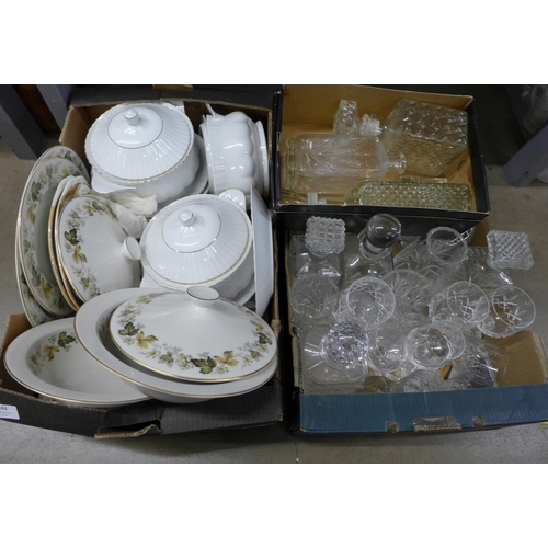 1263 - Seven glass decanters, other crystal and glass, Royal Doulton Larchmont dinnerwares, etc., two boxes... 