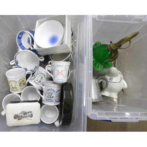 1264 - Two boxes of mixed items including a Denby set of six regional themed mugs, mixed china, table lamp ... 