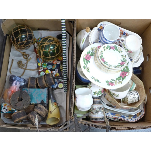 1273 - A box of mixed decorative china, a box containing a model of a tall masted ship, African tourist car... 