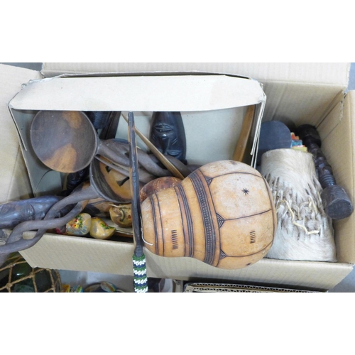 1273 - A box of mixed decorative china, a box containing a model of a tall masted ship, African tourist car... 