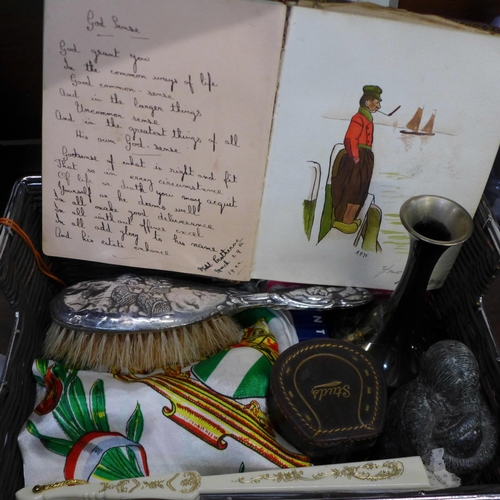 668 - An autograph book and a silver backed hair brush, a/f, etc.