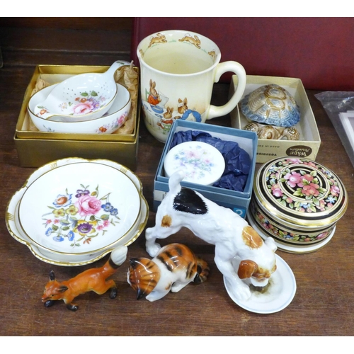 678 - A Royal Doulton Jack Russell terrier licking a plate, a kitten, Wade tortoise, china fox, Wedgwood t... 