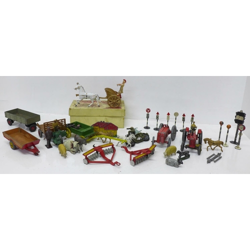 693 - A Benbros Roman Chariot, boxed, Dinky Toys street signs, metal animals, etc.