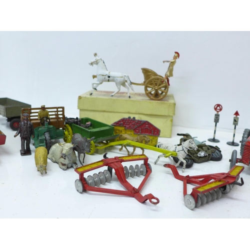 693 - A Benbros Roman Chariot, boxed, Dinky Toys street signs, metal animals, etc.