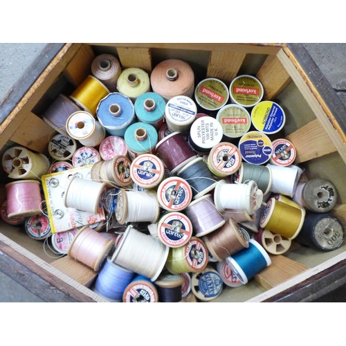 716 - A box of mixed cotton reels, Sylko, Dewhurst, Sylvia, Eagley, etc., (approximately 60)