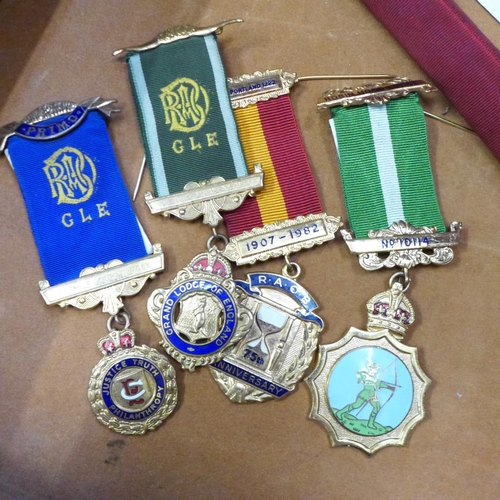 741 - A briefcase containing Masonic items, RAOB medals and regalia