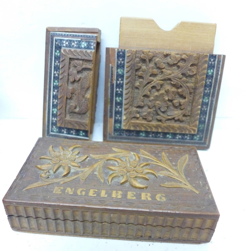 746 - A silver plated box, an Anglo-Indian card case and a wooden box with gaming tokens