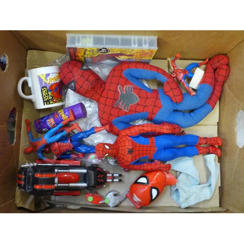 747 - Two boxed Spiderman vehicles (web car and web cycle) and other vintage Spiderman toys