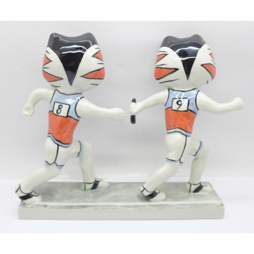 763 - A Lorna Bailey Pottery, Relay Cats figure, from the Athletics Summer Olympics 2002 Collection, 15cm,... 