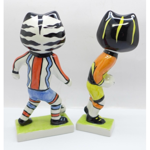 764 - A Lorna Bailey Pottery, Striker and Goalkeeper Cats figures from the Football World Cup Collection, ... 