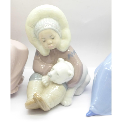 766 - Four Nao by Lladro figurines, 'Listening to the Birds Song' (Nao ref. 02001042), 'A Big Hug' (Nao re... 