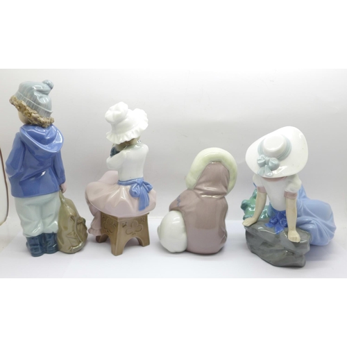 766 - Four Nao by Lladro figurines, 'Listening to the Birds Song' (Nao ref. 02001042), 'A Big Hug' (Nao re... 