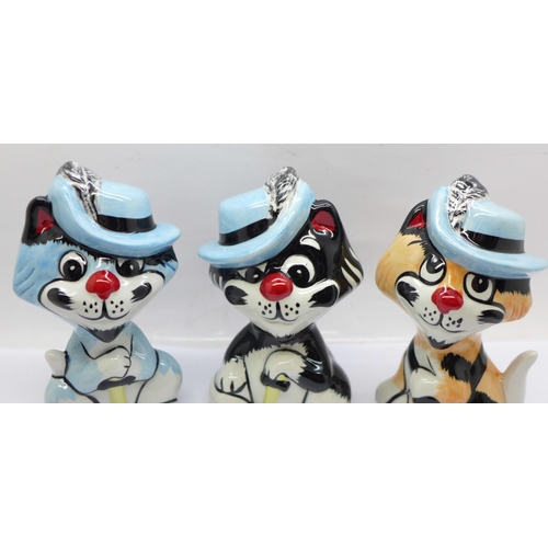 776 - Lorna Bailey, 'The Three Pussketeers' collection:- 'Purrthos', 'Pawthos' and 'Armmeow', all height 1... 