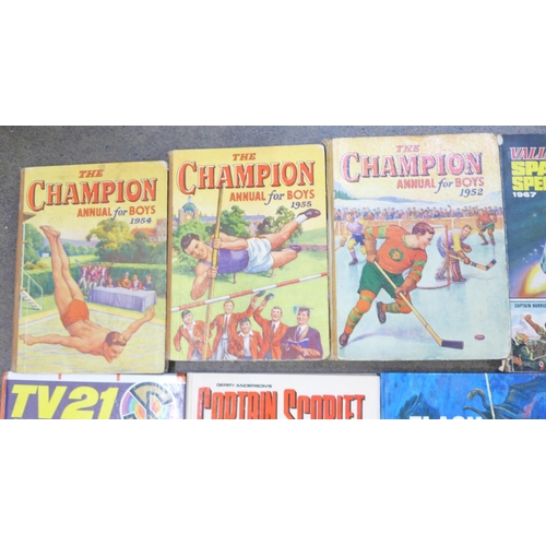 783 - Four 1950's The Champion annuals, TV21, Captain Scarlet and Flash Gordon