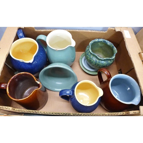 810 - A collection of Denby blue, green and brown jugs and a teapot, some a/f, (two boxes)