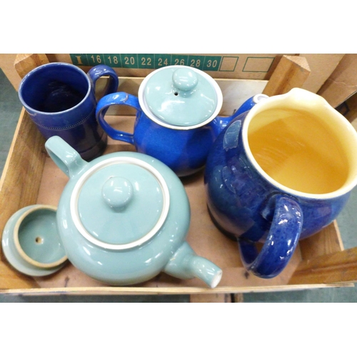 810 - A collection of Denby blue, green and brown jugs and a teapot, some a/f, (two boxes)