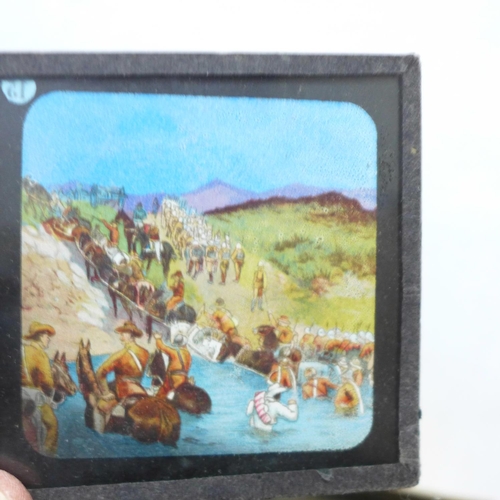 818 - A mahogany lantern slide viewer, with slide carrier and a collection of slides, the viewer marked Ad... 