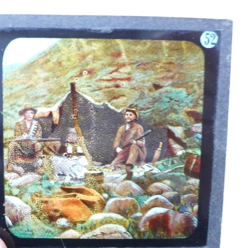 818 - A mahogany lantern slide viewer, with slide carrier and a collection of slides, the viewer marked Ad... 