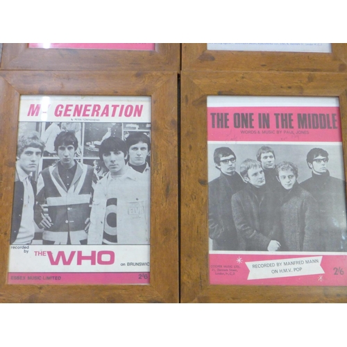 828 - Pop music; six original framed sheet music including The Beatles, The Who, The Kinks, etc.